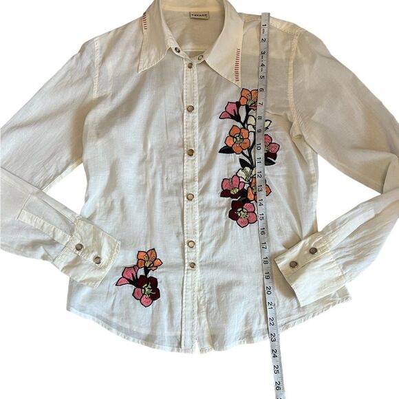Cream Lightweight Semi Sheer Embroidered Snap Button Collared Shirt 42 - Picture 6 of 8